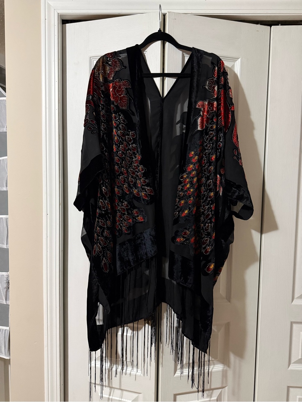 Velvet Burnout Kimono with Fringe and Peacock Motif Shimmering Design - OS